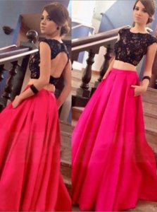 Top Selling Scoop Backless Red Cap Sleeves Lace Floor Length Prom Evening Gown