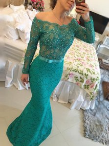 Mermaid Green Lace Backless Prom Dress Long Sleeves Floor Length Beading