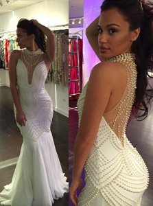 Mermaid White High-neck Neckline Beading Evening Dress Sleeveless Criss Cross