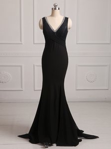 Inexpensive Black Mermaid Beading Prom Dresses Backless Chiffon Sleeveless With Train