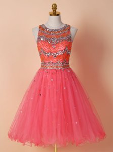 Inexpensive Scoop Beading Prom Evening Gown Watermelon Red Zipper Sleeveless Knee Length