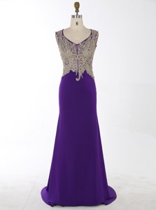 Mermaid Sleeveless Chiffon With Brush Train Zipper Prom Dress in Purple for with Beading and Appliques