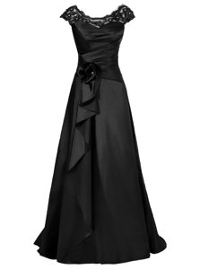 Scoop Floor Length Black Homecoming Dress Chiffon Cap Sleeves Beading and Appliques