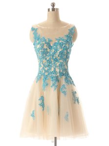 Sumptuous Bateau Sleeveless Prom Gown Mini Length Beading and Appliques Champagne Tulle