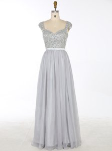 Romantic Grey Sleeveless Floor Length Beading and Appliques Zipper Homecoming Dress