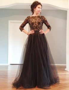 Lovely Beading and Lace Black Backless 3|4 Length Sleeve Floor Length