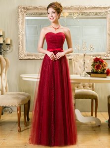 Red A-line Belt Prom Dress Zipper Tulle and Lace Sleeveless Floor Length