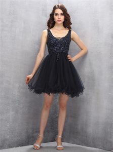 Stunning Tulle Square Sleeveless Zipper Beading Prom Dress in Black