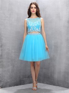 Sumptuous Halter Top Sleeveless Zipper Dress for Prom Blue Tulle