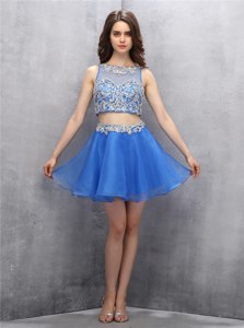 Amazing Blue Two Pieces Scoop Sleeveless Organza Mini Length Zipper Beading Prom Evening Gown