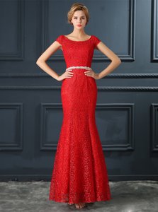 Fantastic Mermaid Scoop Cap Sleeves Floor Length Lace Up Prom Party Dress Red and In for Prom and Party with Beading