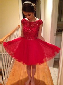 Charming Red A-line Tulle Bateau Cap Sleeves Beading Knee Length Zipper Evening Dress
