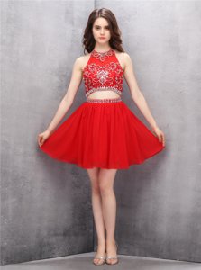 Hot Selling A-line Prom Party Dress Red Scoop Chiffon Sleeveless Mini Length Zipper