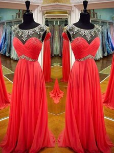 Scoop Backless Floor Length Coral Red Prom Dress Chiffon Sleeveless Sashes|ribbons