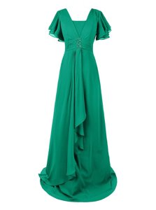 V-neck Short Sleeves Sweep Train Zipper Homecoming Dress Green Chiffon