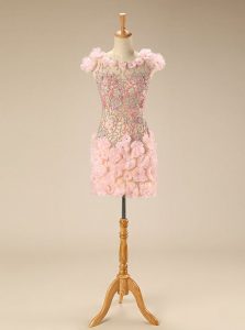 High End Mini Length Pink Evening Dress Scoop Cap Sleeves Zipper
