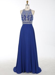 Royal Blue Scoop Criss Cross Beading Prom Evening Gown Brush Train Sleeveless