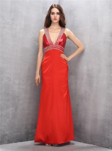 Sexy Coral Red Satin Criss Cross Prom Dresses Sleeveless Floor Length Beading