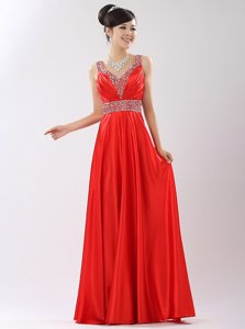 Amazing Coral Red A-line Satin V-neck Sleeveless Beading Floor Length Zipper Prom Dresses