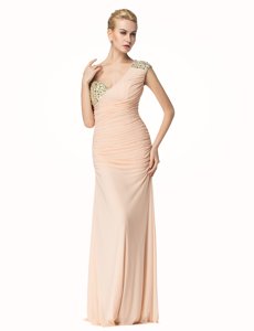 Great Mermaid Peach Zipper One Shoulder Beading and Ruching Dress for Prom Chiffon Sleeveless