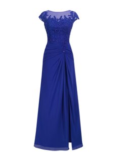 Modest Scoop Royal Blue Zipper Homecoming Dress Appliques Cap Sleeves Floor Length