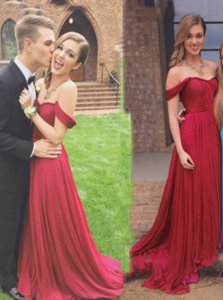 Chiffon Off The Shoulder Sleeveless Zipper Ruching Prom Evening Gown in Burgundy