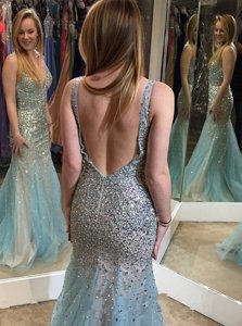 Free and Easy Aqua Blue Prom Dress Prom and Party and For with Beading V-neck Sleeveless Zipper