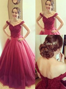 Off the Shoulder Appliques Dress for Prom Fuchsia Lace Up Sleeveless Floor Length