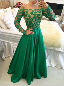 Eye-catching Scoop Floor Length Green Prom Gown Taffeta Long Sleeves Beading and Appliques