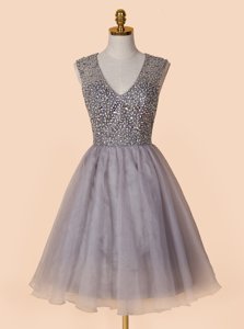 Fancy Sequins A-line Prom Gown Grey V-neck Organza Sleeveless Knee Length Zipper