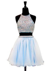 Low Price Halter Top Tulle Sleeveless Mini Length Prom Dresses and Beading