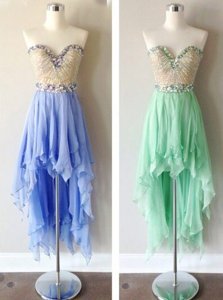 High Quality Sleeveless Chiffon High Low Zipper Homecoming Dress in Apple Green for with Beading