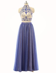 High-neck Sleeveless Zipper Blue Tulle