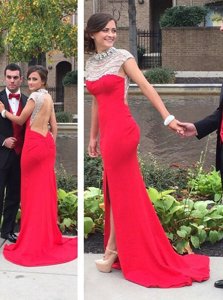 Noble Beading Homecoming Dress Coral Red Backless Cap Sleeves Court Train