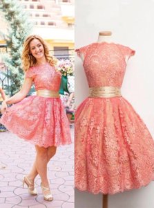 Extravagant Scoop Watermelon Red Cap Sleeves Lace Knee Length Homecoming Dress
