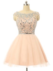 Scoop Peach Zipper Prom Dresses Beading and Sequins Sleeveless Knee Length
