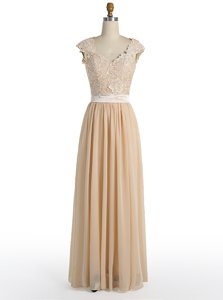 Floor Length Champagne Prom Evening Gown Chiffon Cap Sleeves Lace