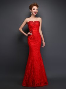 Inexpensive Mermaid Evening Dress Red Sweetheart Lace Sleeveless Floor Length Lace Up