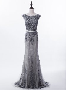 Graceful Mermaid Scoop Lace Zipper Dress for Prom Grey and In for Prom and Party with Beading Brush Train