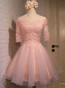 Free and Easy Off the Shoulder Mini Length A-line Short Sleeves Peach Prom Party Dress Lace Up