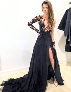 Charming Black Scoop Neckline Appliques Prom Evening Gown Long Sleeves Zipper