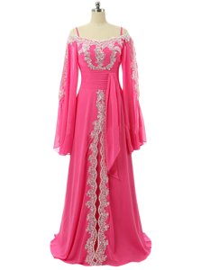 Spaghetti Straps Long Sleeves Homecoming Dress Sweep Train Lace and Sequins Hot Pink Chiffon
