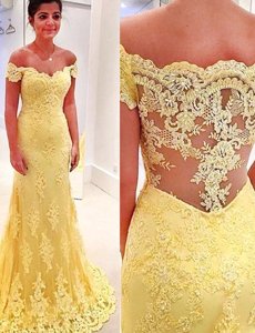 Mermaid Off the Shoulder Lace Short Sleeves Brush Train Side Zipper Appliques Prom Dresses