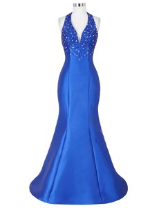 Sexy Mermaid Royal Blue Lace Up Halter Top Beading Homecoming Dress Satin Sleeveless