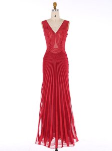 Captivating Mermaid V-neck Sleeveless Prom Party Dress Floor Length Sequins Red Chiffon