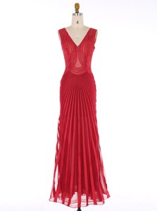 Captivating Mermaid V-neck Sleeveless Prom Party Dress Floor Length Sequins Red Chiffon