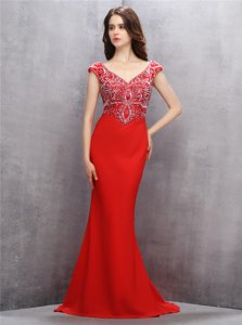 Luxurious Mermaid Sequins Red Sleeveless Chiffon Sweep Train Zipper Prom Party Dress for Prom and Party