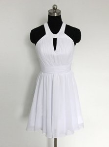 Artistic Halter Top White Zipper Dress for Prom Ruching Sleeveless Mini Length