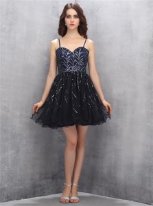 Black Tulle Lace Up Spaghetti Straps Sleeveless Mini Length Prom Party Dress Sequins