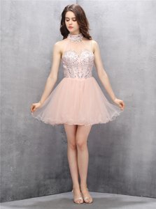 Sequins Mini Length A-line Sleeveless Baby Pink Prom Gown Zipper